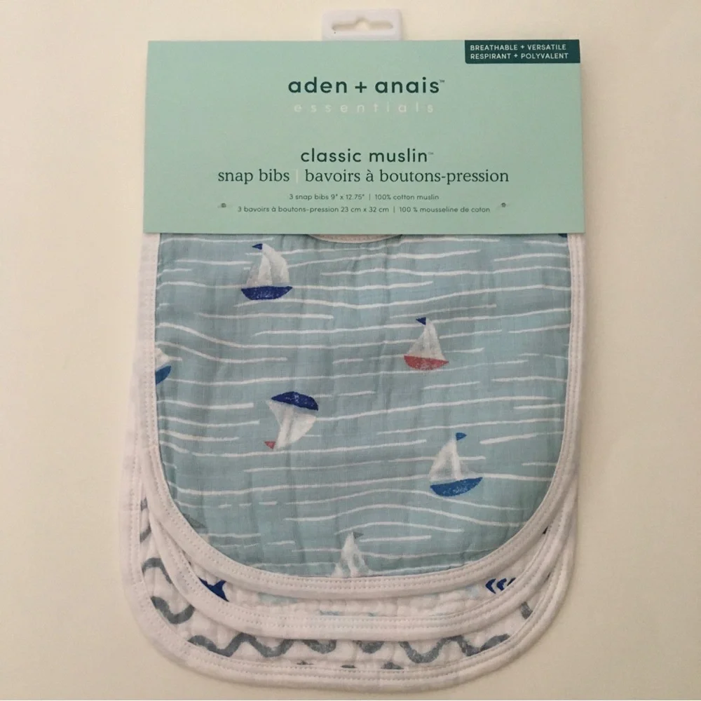 NEW Aden + Anais Muslin Cotton Snap Bibs Breathable Cotton Sailboats Fish Prints